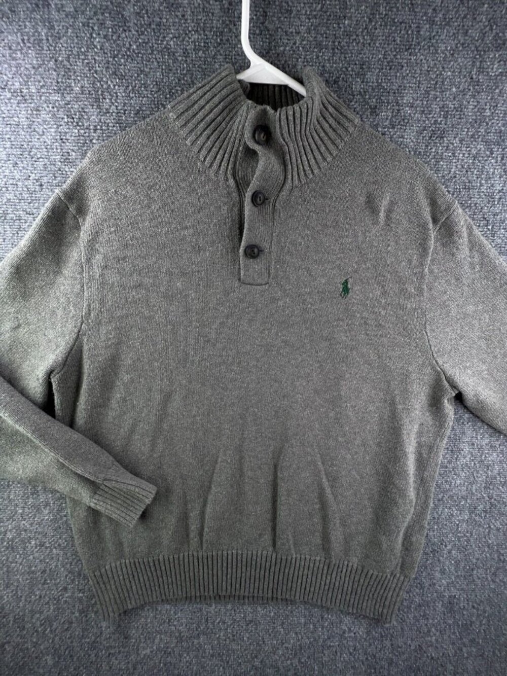 Polo Ralph Lauren Sweater XL Button Neck Long Sleeve Pony Gray Green Logo Knit
